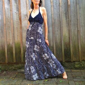 John Robshaw for Lucky White and Blue Crochet Halter Maxi Dress, Medium